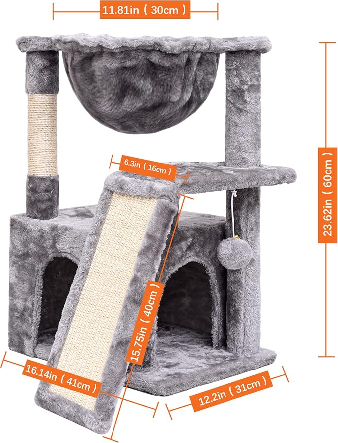 SYANDLVY Cat Tree for Indoor Cats Large Adult, Modern Activity Tower with Scratching Posts & Board, Condo with Plush Perch, Climbing Stand with Cradle & Hanging Ball for Play, Light Grey
