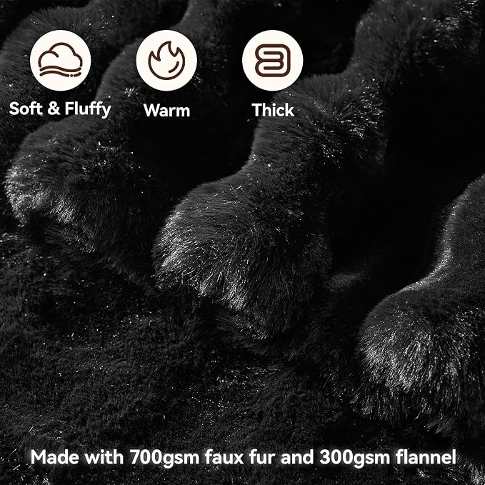 Anysay Faux Fur Throw Blanket,1000GSM Fluffy Soft Bubble Blanket 90''*104'' | Cozy Plush Warm and Thick Blanket for Couch Bed, Fuzzy Rabbit Throw for Living Room Bedroom Black
