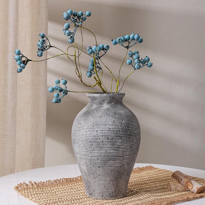 Ceramic Flower Vase Home Decor, 9 in Farmhouse Table Vases Rustic Vintage Living Room Kitchen Bedroom Pottery Decorative Vases for Flowers House Book Shelf Office Coffee Desk Dining Entryway, Grey