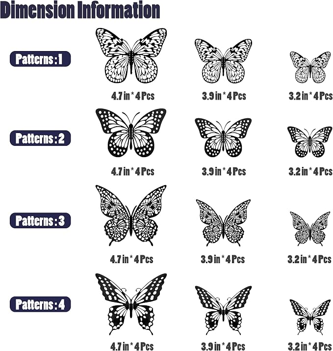 SAOROPEB 3D Butterfly Wall Decor 48 Pcs Black Butterfly Decoration Sticker | 4 Styles 3 Sizes Butterfly Birthday Decorations Butterfly Party Decorations Cake Decorations, Removable Stickers