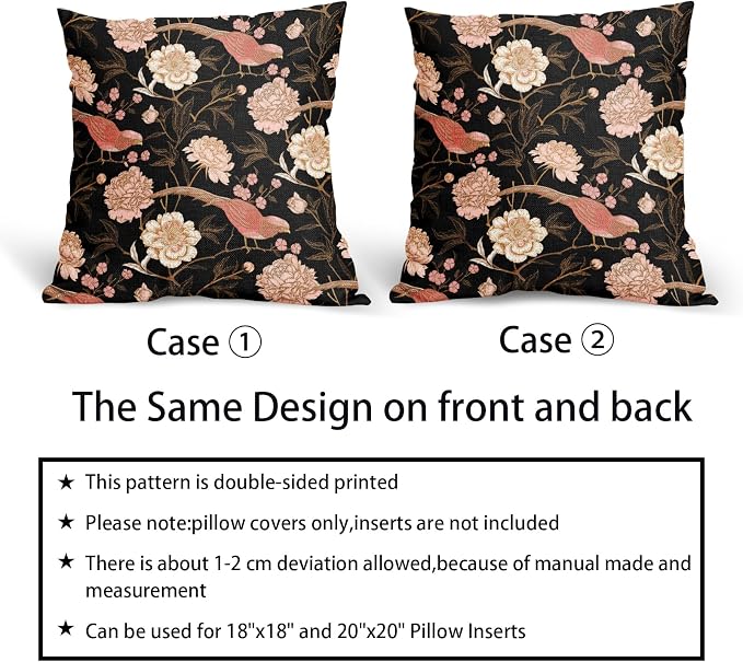 Pink White Roses Floral Pillow Covers 16X16 Inch Set of 2 Retro Flowers Birds Gold Leaf Decorative Pillow Cases Art Vintage Black Cotton Linen Cushion Case Home Decor for Sofa Couch Porch Outdoor