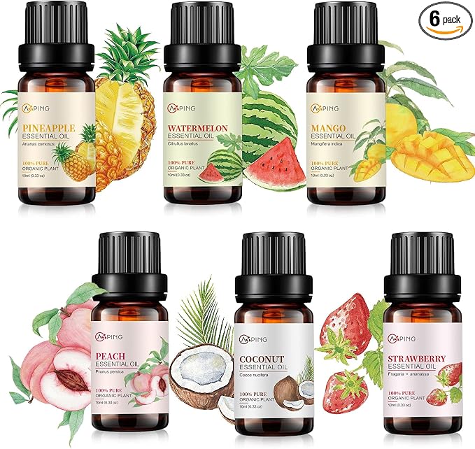 Essential Oil Set 6x10ML - 100% Pure Organic Plant Oil for Diffuser Massage Aroma Spa Yoga Perfume - Peach, Strawberry, Watermelon, Pineapple, Mango, Coconut