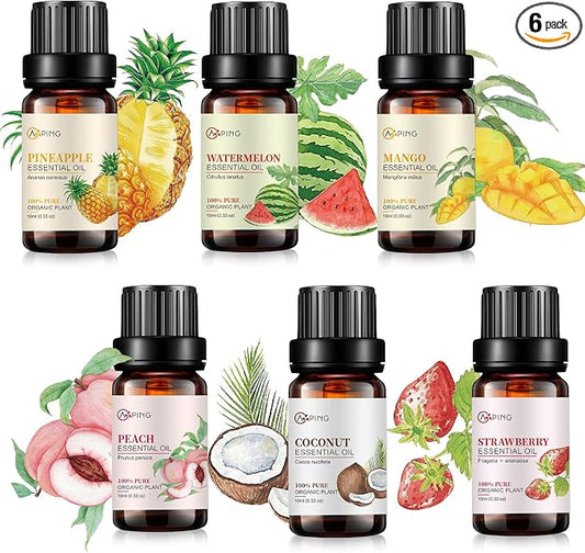 Essential Oil Set 6x10ML - 100% Pure Organic Plant Oil for Diffuser Massage Aroma Spa Yoga Perfume - Peach, Strawberry, Watermelon, Pineapple, Mango, Coconut