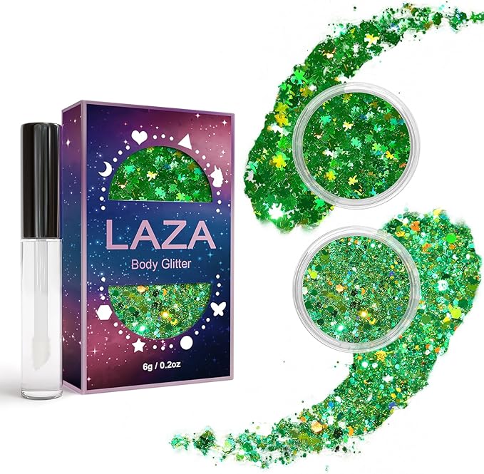 Laza 2 Jars St. Patrick’s Day Body Glitter Iridescent Chunky Sequins with Glitter Glue Women Eyeshadow Makeup Face Paint Festival Rave Outfits Hair Accessories Carnival Party Costumes-Iridescent Clove