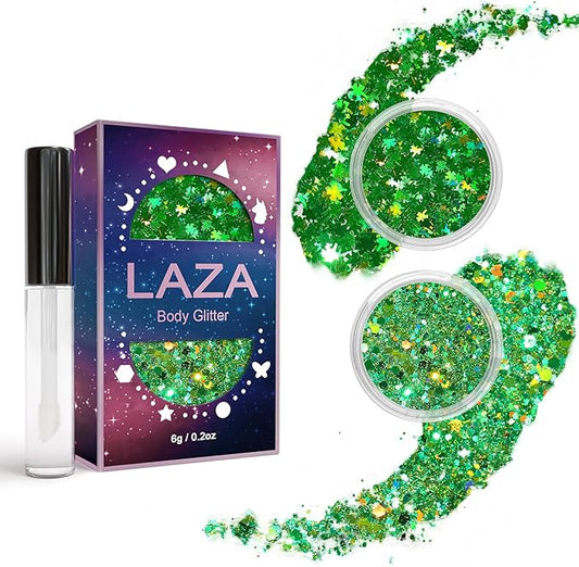 Laza 2 Jars St. Patrick’s Day Body Glitter Iridescent Chunky Sequins with Glitter Glue Women Eyeshadow Makeup Face Paint Festival Rave Outfits Hair Accessories Carnival Party Costumes-Iridescent Clove