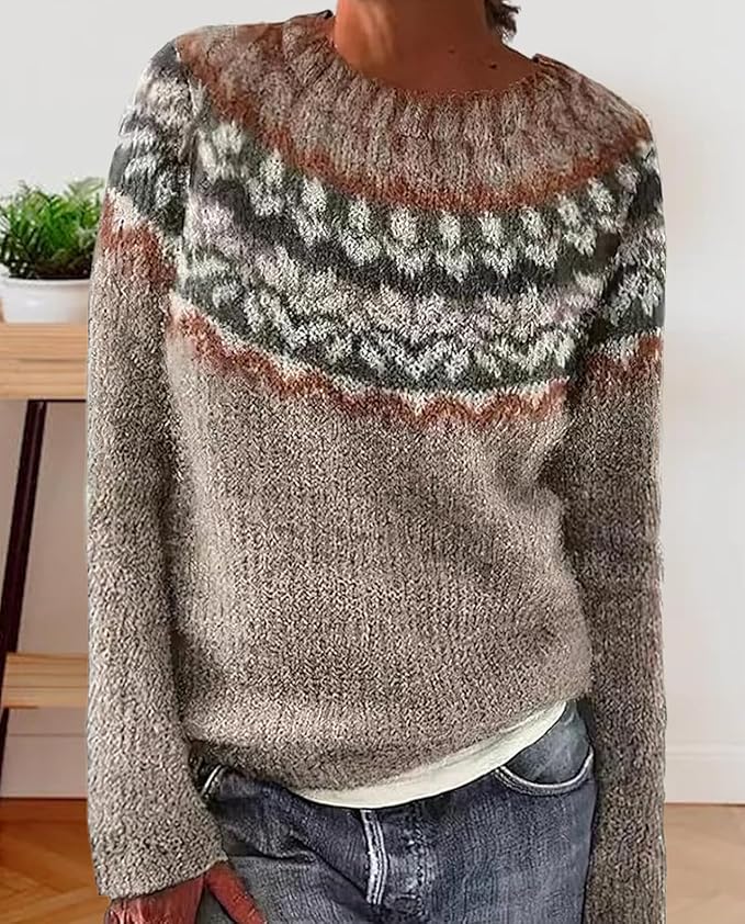 Zhyaj Fair Isle Sweater for Womens Winter Long Sleeve Vintage Knitted Sweater Casual Fall Crew Neck Pullover Sweaters