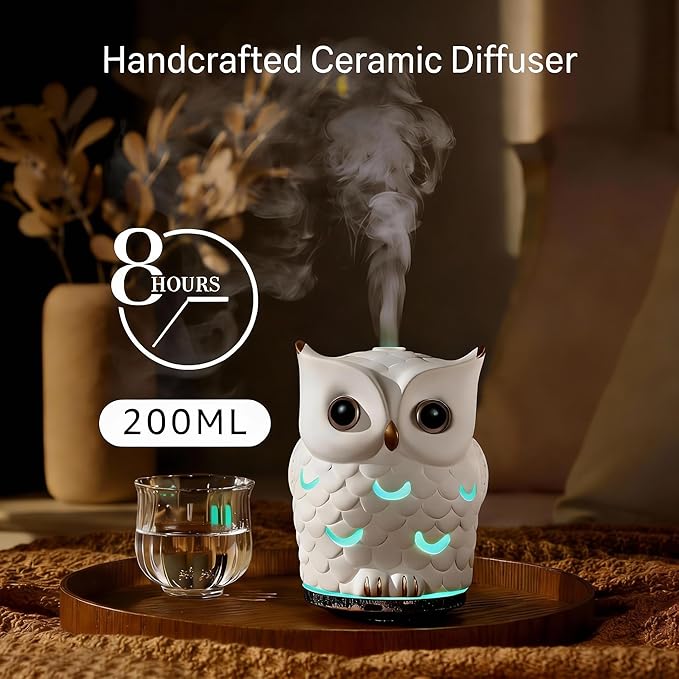 Alieye Ceramic Essential Oil Diffuser, 200ML Handcrafted Ceramic Owl Ultrasonic Cool Mist Aromatherapy Humidifier with 7 Colors LED Waterless Auto Shut Off for Home Office Yoga, Gifts for Mom, White