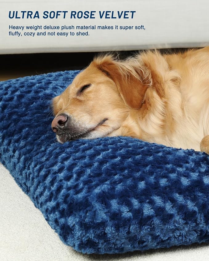 KSIIA Washable Dog Beds Large Sized Dog Crate Bed Plush Mat 41"x27" Blue | Deluxe Plush Comfy Kennel Pad, Anti-Slip Bottom,Deep Sleeping Mat for Large Dogs,Machine Washable for Easy Cleaning