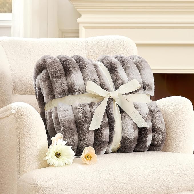 Cozy Bliss Faux Fur Throw Blanket for Couch, Cozy Warm Plush Striped Blanket for Sofa Bedroom Living Room, 108 * 90 Inches Tie-dye Grey