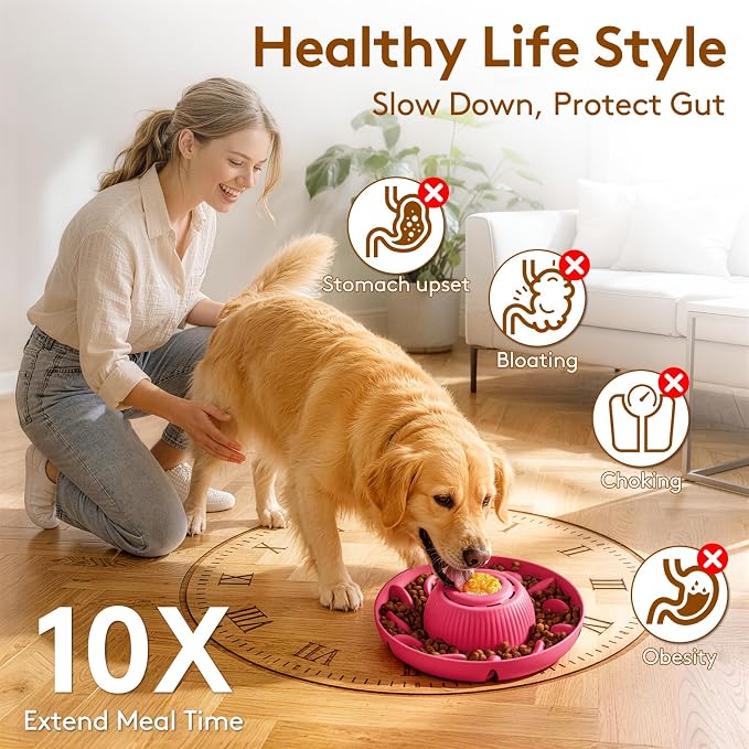 Slow Feeder Dog Bowls 2 in 1 Liquid Treat Dog Lick Mat Bowl – Anti Slip 5‑Cup Large Capacity Liquid and Kibble Food Treat Dispenser for Slowing Down Eating for Large Medium Small Dogs and Cats (Pink)