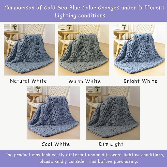 Bigacogo Chunky Knit Throw Blanket for Couch, 40x40 inches, Cold Sea Blue | Hand Knit with Jumbo Chenille, Soft Breathable Cable Knit for Sofa Bed Living Room, Machine Washable, Gift for Mom Friend