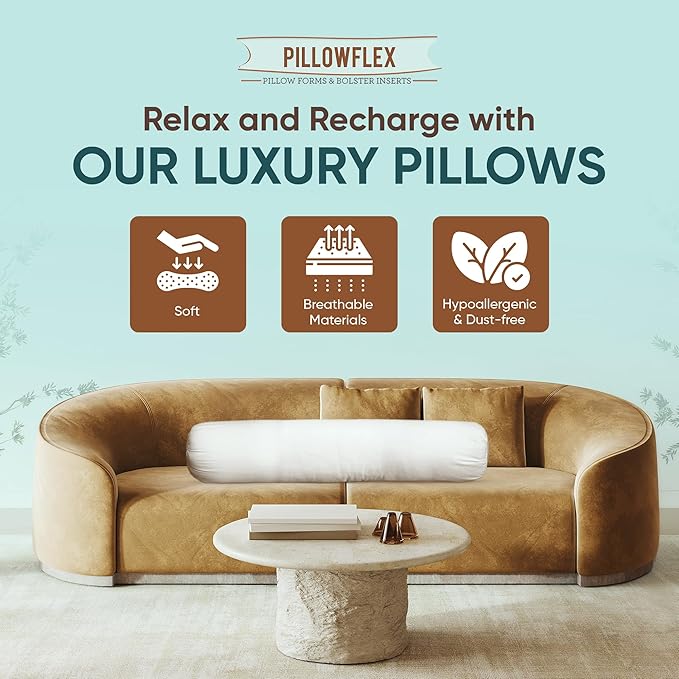 Pillowflex Bolster Pillow (9x24) - Round Roll Pillow Bolster Insert, Plush Polyester-Filled Insert for Decorative Shams, Odorless, Lint and Dust-Free Polyester Filling, No Lumps - (White)