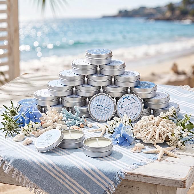 Treela 24 Pcs Coastal Candles Favors Blue Bow Starfish Seashell Scented Candle Tins with Lids Coquette Ocean Gifts for Summer Beach Wedding Bridal Baby Shower Party Favors Decorations