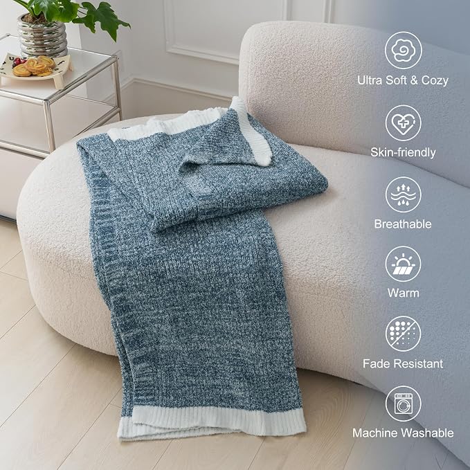 MH MYLUNE HOME Ultra Soft Ribbed Throw Blanket Plush, Blue, 50"x60" | Reversible Fleece Throw Blanket, Comfy Fluffy Fuzzy Plush Blanket Throws for Couch Sofa Bed, Cozy Blankets for Women Gift
