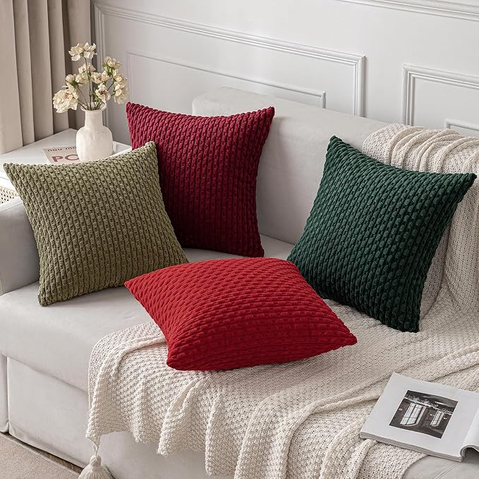 MIULEE Decorative Throw Pillow Covers 18x18 Burgundy Textured Corduroy | Pack of 2 Striped Pillow Covers Modern Farmhouse Home Decor for Couch Bed Sofa Living Room