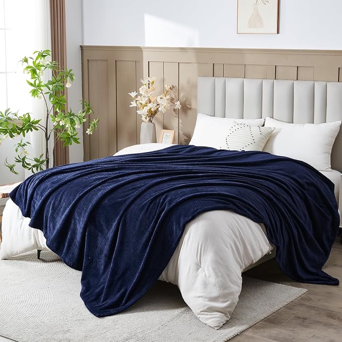 NEWCOSPLAY Fleece Leaves Pattern Queen Blanket, Dark Navy, 90"x90" | Super Soft Throw Blanket, Lightweight Cozy Bed Sofa Blanket, Premium Silky Flannel Fleece, Travel Blanket for All Season Use