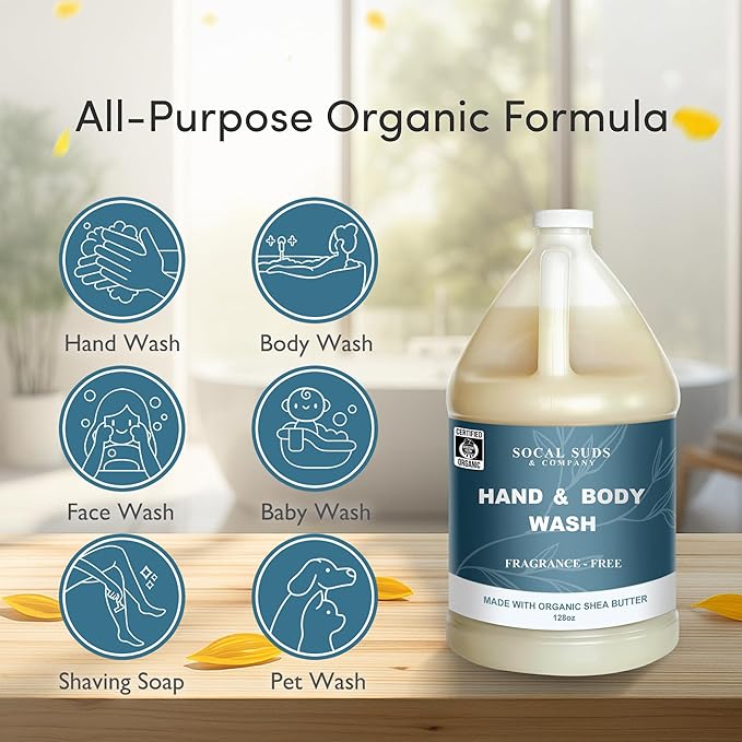 SoCal Suds & Company 128oz Certified Organic Hand & Body Wash w/Shea Butter- Gentle Natural Body,Baby & Face Wash for Sensitive Skin, Moisturizing Thick Castile, Hand Soap and More - Fragrance Free
