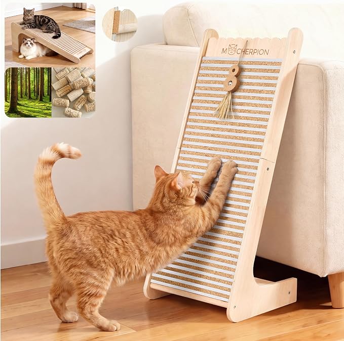 Cork Cat Scratching Board-Cat Scratcher Post-Cat Toy Scratch Pad for Indoor | Cat Scratching Posts-Cat Ramp-Cat Scratch Cardboard with Toy,Replaceable Use-Eco-Friendly Sustainable-Protect furniture white