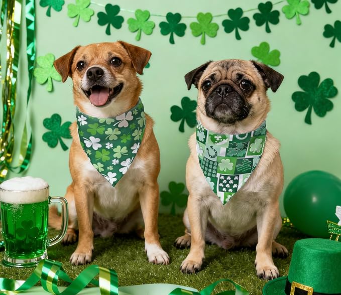 St. Patrick's Day Dog Bandanas, Irish Shamrock Design Scarves, Holiday Costumes, Pet Scarves for Boys and Girls, Dog Outfit Gifts for Medium to Large Dogs (Green, 2PCS)