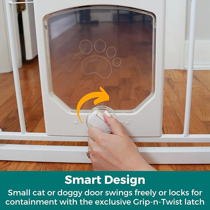 MYPET Extra Tall & Wide Petgate Passage - Metal Pressure Mount Gate with Small Pet Door; 29.75"-52" Wide with Extensions 42" Tall in White