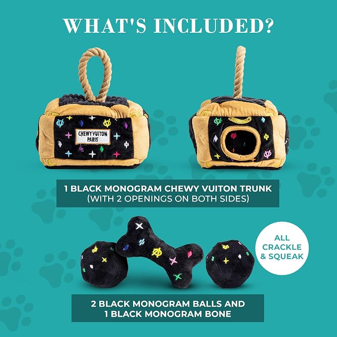 Haute Diggity Dog Chewy Vuiton Trunk Puzzle with 3 Plush Squeaky Dog Toys