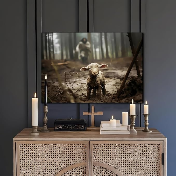 Framed Jesus Christ Wall Art Canvas Jesus and Lamb of God Christian Painting Prints Biblical Wall Decor Religious Room Decor for Church Prayer Room Christian Schools Hospitals 16" x 24"
