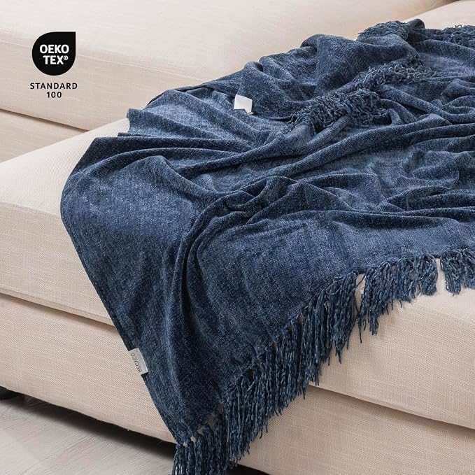RECYCO Chenille Throw Blanket for Couch, 60"x80", Blue | Super Soft Knit Throw Blanket with Fringe Tassels, Lightweight Knitted Throw, Cozy, Ideal for Sofa Chair Bed Living Room Gift