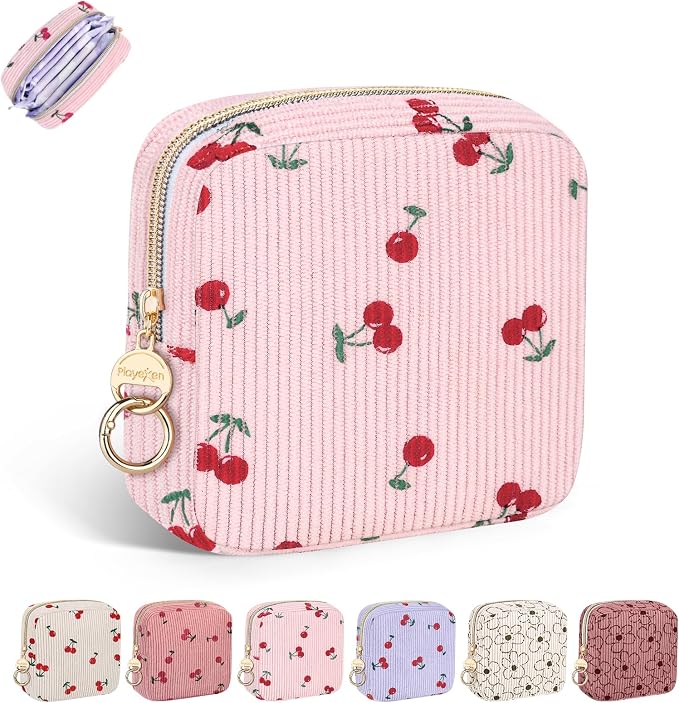 Period Bag for Teen Girls, Corduroy Sanitary Napkin Storage Bag, Menstrual Pad Pouches Tampon Holder for Purse (Cherry-Light Pink)