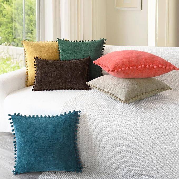 CaliTime Decorative Couch Throw Pillow Covers 20 X 12 Inches Taupe | Pack of 2, Cozy Chenille Cushion Cases, with Pom Poms for Sofa Bed Living Room Farmhouse Home
