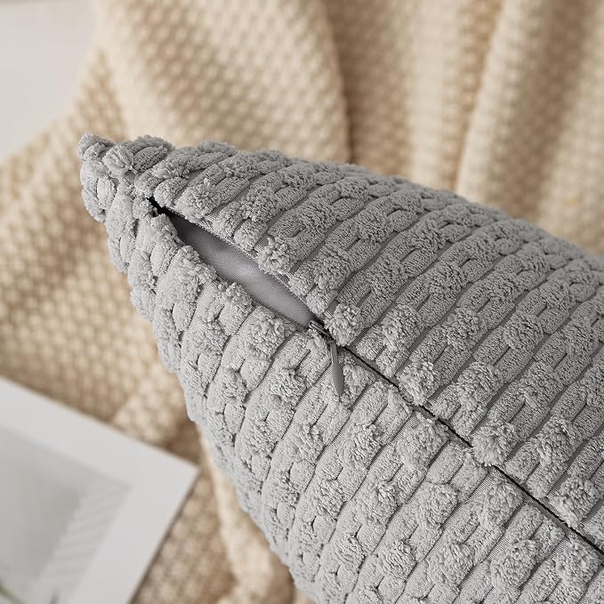 Kevin Textile Soft Corduroy 12"x20" Lumbar Pillow Cover 1 Pack, Light Grey | Boho Stripe Plush Corduroy Decorative Oblong Cushion Cover Modern Farmhouse Home Decor for Sofa Couch Bed Chair
