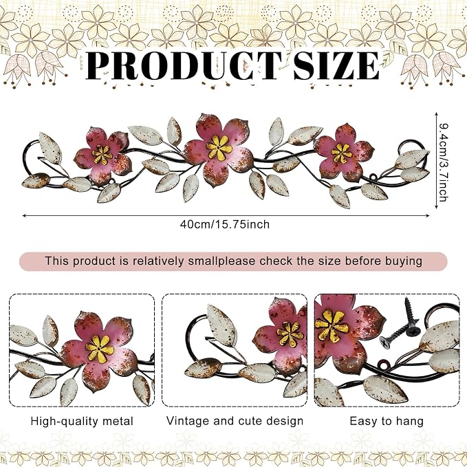 Wesiti Metal Flower Wall Decor Vintage Metal Flower Wrought Iron Scroll Sculpture 15.7''x3.7'' Not 3D, Flat Farmhouse Leaf Wall Decor with Nails for Summer Bedroom Kitchen Indoor Outdoor(Pink)