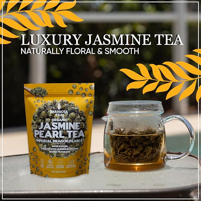 Organic Jasmine Pearls Loose Leaf Tea | Hand-Rolled Green Tea Scented with Jasmine Blossoms | USDA Organic | Premium Dragon Pearls | 4.4oz Bag | Floral & Smooth | Non-GMO