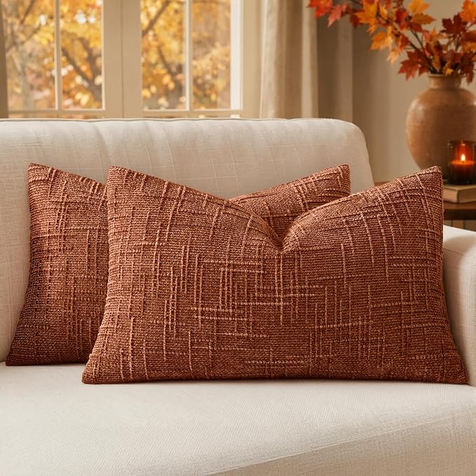 MIULEE Chenille Textured Fall Lumbar Pillow Covers Burnt Orange 12x20 | Set of 2, Slubby Decorative Throw Pillows, Boho Farmhouse Decor, Modern Cushion Covers for Couch Sofa Bed Living Room