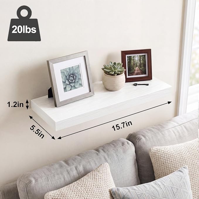 Fixwal Floating Wall Shelves for Decor (White Set of 6, 15.7 Inch) | MDF Shelves with Metal Brackets, Space Saving for Books, Decor, Works in Bathroom, Kitchen, Living Room, Bedroom