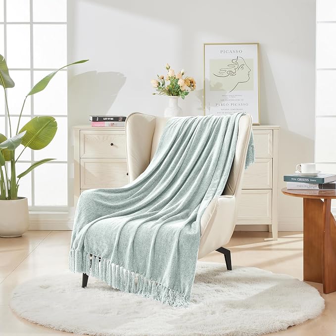 CozeCube Chenille Throw Blanket, Baby Blue Fringe Blanket, 60"X80" | For Couch, Cozy Plush Fuzzy Decorative Blanket with Fringe Tassels, Lightweight Throws for Bed Sofa Gift Home Decor