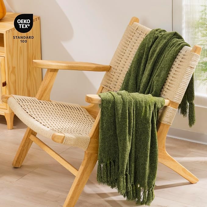 RECYCO Chenille Throw Blanket for Couch, 60"x80", Loden Green | Super Soft Knit Throw Blanket with Fringe Tassels, Lightweight Knitted Throw, Cozy, Ideal for Sofa Chair Bed Living Room Gift