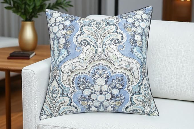 Paisley Medallion Print 20x20 Throw Pillow Cover, Blue | Blue paisley medallion on chambray slub, navy piping; both sides printed; hidden zip; cover only