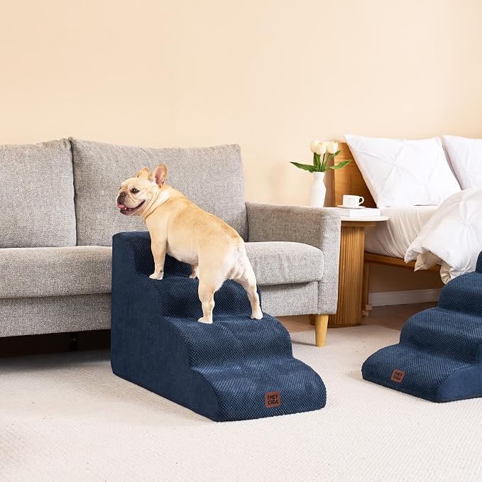 EHEYCIGA Curved Dog Stairs Ramp, 5-Step High Beds, 22.6" H Pet Step | 33D density of pure foam, for Small Dogs and Cats, Pet Stairs for High Bed Climbing, Non-Slip Balanced Indoor, Navy