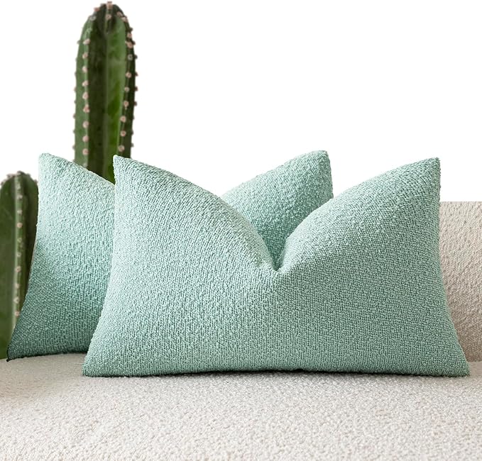 Foindtower Pack of 2 Textured Boucle Throw Pillow Covers Accent Solid Decorative Lumbar Pillow Cases Cozy Soft Couch Cushion Case for Chair Sofa Bedroom Living Room Home Decor 12x20 Inch Aqua Blue