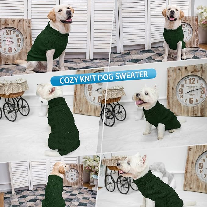 Mihachi Turtleneck Dog Sweater - Winter Coat Apparel Classic Cable Knit Clothes with Leash Hole for Cold Weather, Ideal Gift for Pet in New Year Army Green Medium/Large