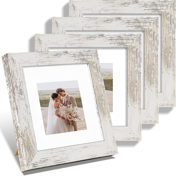 Hongkee 6x6 Picture Frame Set of 4, Made of Glass and Distressed White Wooden Frame - Display Picture 4x4 with Mat or 6 x 6 Without Mat, 6x6 Photo for Wall or Tabletop