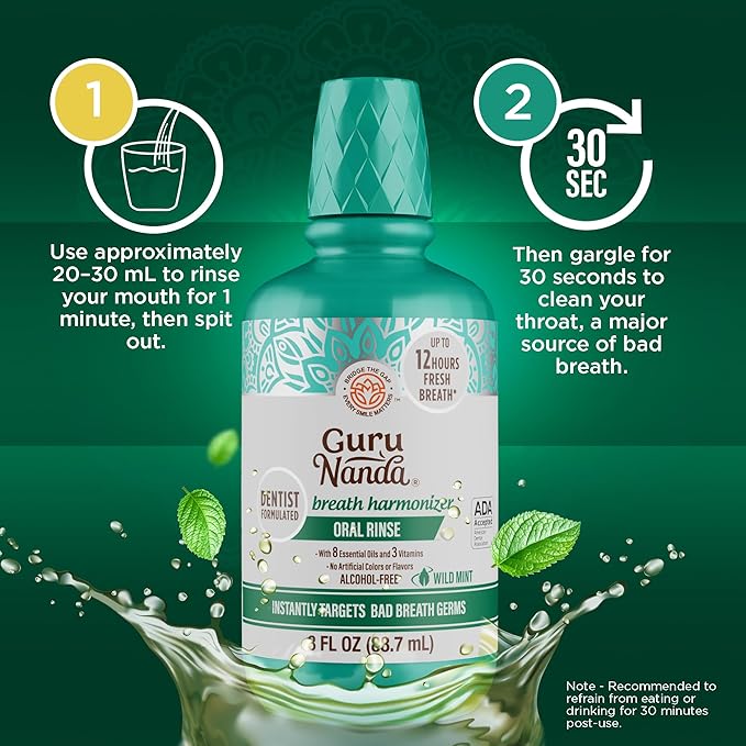 GuruNanda Fresh Breath Mouthwash, ADA-Accepted, Alcohol & Fluoride-Free, Sodium Chlorite, Essential Oils & Vitamins, 12-Hrs Fresh Breath, Wild Mint, 3 oz