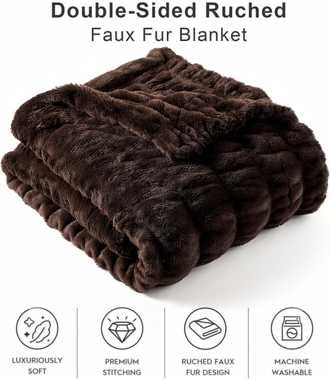 BATTILO Dark Brown Faux Fur Throw Blanket for Bed, Double Side, 60"x80" | Brown Throw Blanket Soft Cozy Warm Minky Blanket, Double Side Reversible Ruched Rabbit Fur Blanket for Living Room