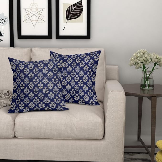 Navy Blue Floral Block Print Pillow Covers 16x16 Inch Set of 2, Vintage Flower Pattern Decorative Throw Pillowcases Outdoor Farmhouse Cushion Covers Spring Summer Rustic Sofa Couch Bed Decor