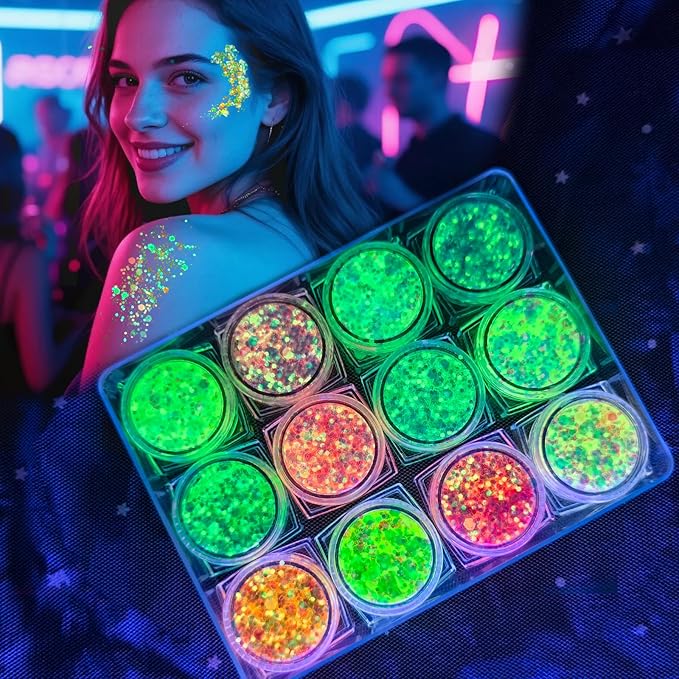 12 Colors Glow Body Glitter Gel, Glow in The Dark Hair Face Glitter Gel, Rave Accessories for Festivals Carnival UV Black Light Party
