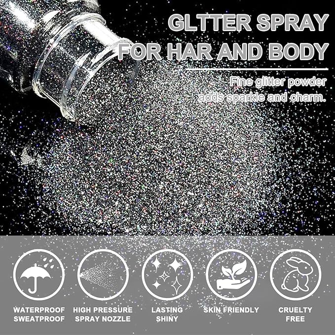 Hair and Body Glitter Spray, Holographic Glitter Highlighter Powder for Rumi Costume Cosplay Makeup, Face Body Clothes Shiny Glitter, Loose Shimmer Hairspray Festival Rave Prom Accessories (Silver)