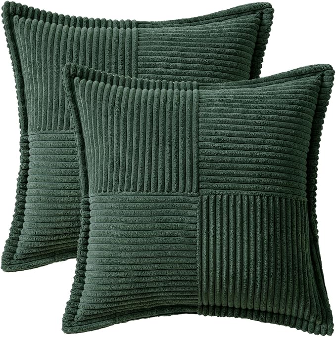 MIULEE Decorative Euro Sham Throw Pillow Covers 24x24 Inch Dark Green | 2 Pack, Boho Broadside Striped Patchwork Pillow Covers, Soft Corduroy Cushion Cases, For Bed Sofa Couch Livingroom Home Decor