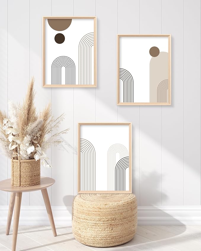 HesenDot Boho Neutral Framed Wall Art, Abstract Line Canvas Prints | 12x16IN Set of 3, High Framed Wood Design Prints, Mid Century Minimalist Wall Decor for Living Room Bedroom Bathroom Office