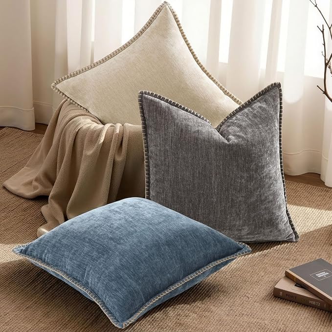 decorUhome Soft Chenille Throw Pillow Covers 16x16 Set of 2 Dark Grey | Fall Textured Decorative Throw Pillow Cases Stitched Edge Modern Farmhouse Luxury Boho Velvet for Couch Sofa Bed Home Decor