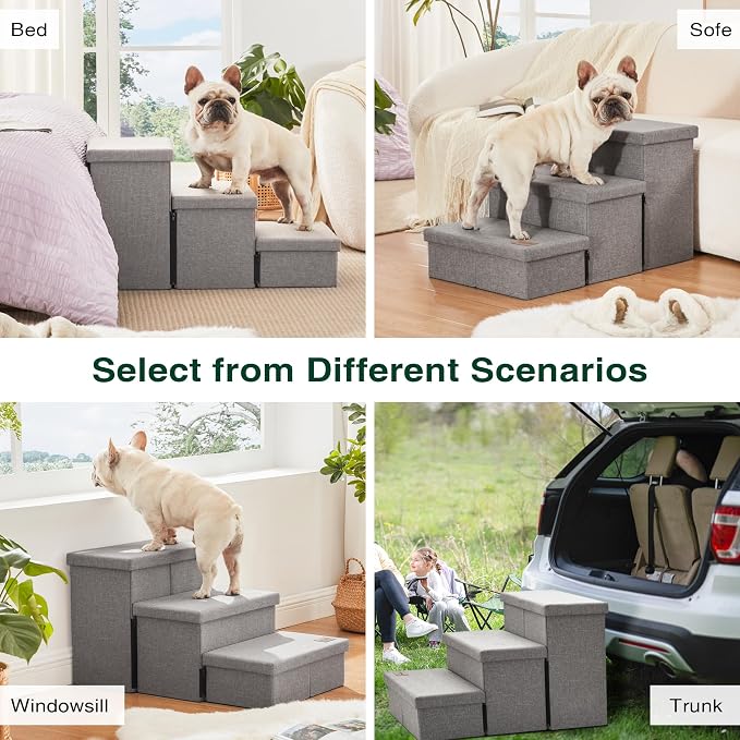 Love's cabin Dog Stairs for High Bed, Foldable Pet Stairs for Small Medium or Large Dogs Puppy with Storage for Bed or Couch, Cat Dog Steps Ramp with Zip up to 200 lbs, Solid Grey, 3 Steps